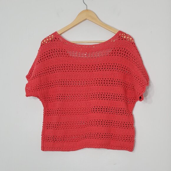 Aeropostale Red Orange Cotton Blend Short Sleeve Crochet Knit Crop Top Medium - Picture 2 of 10